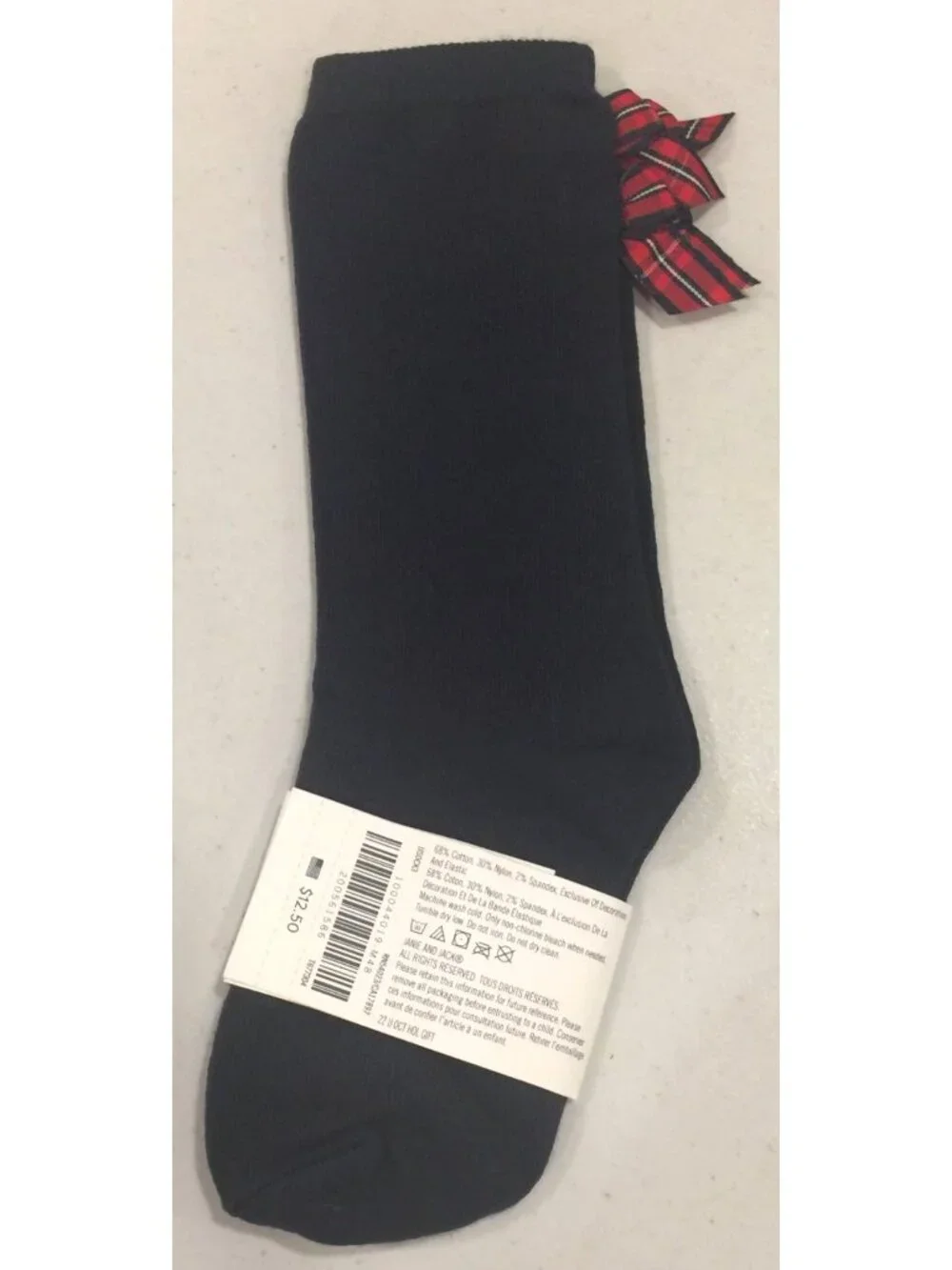Janie & Jack Holiday Crew Socks Navy Red Plaid Bows Size 2T-3